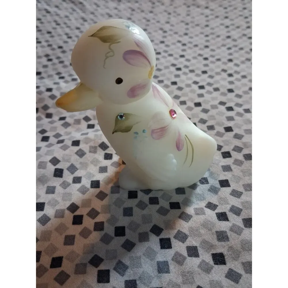 Fenton Glass Duck Duckling Hand Painted Artist Signed Floral with Gems